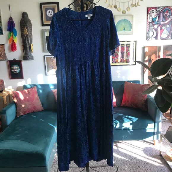 COLDWATER CREEK size 18W Royal Blue Mosaic Floral Print Smocked Maxi Dress - Picture 1 of 4